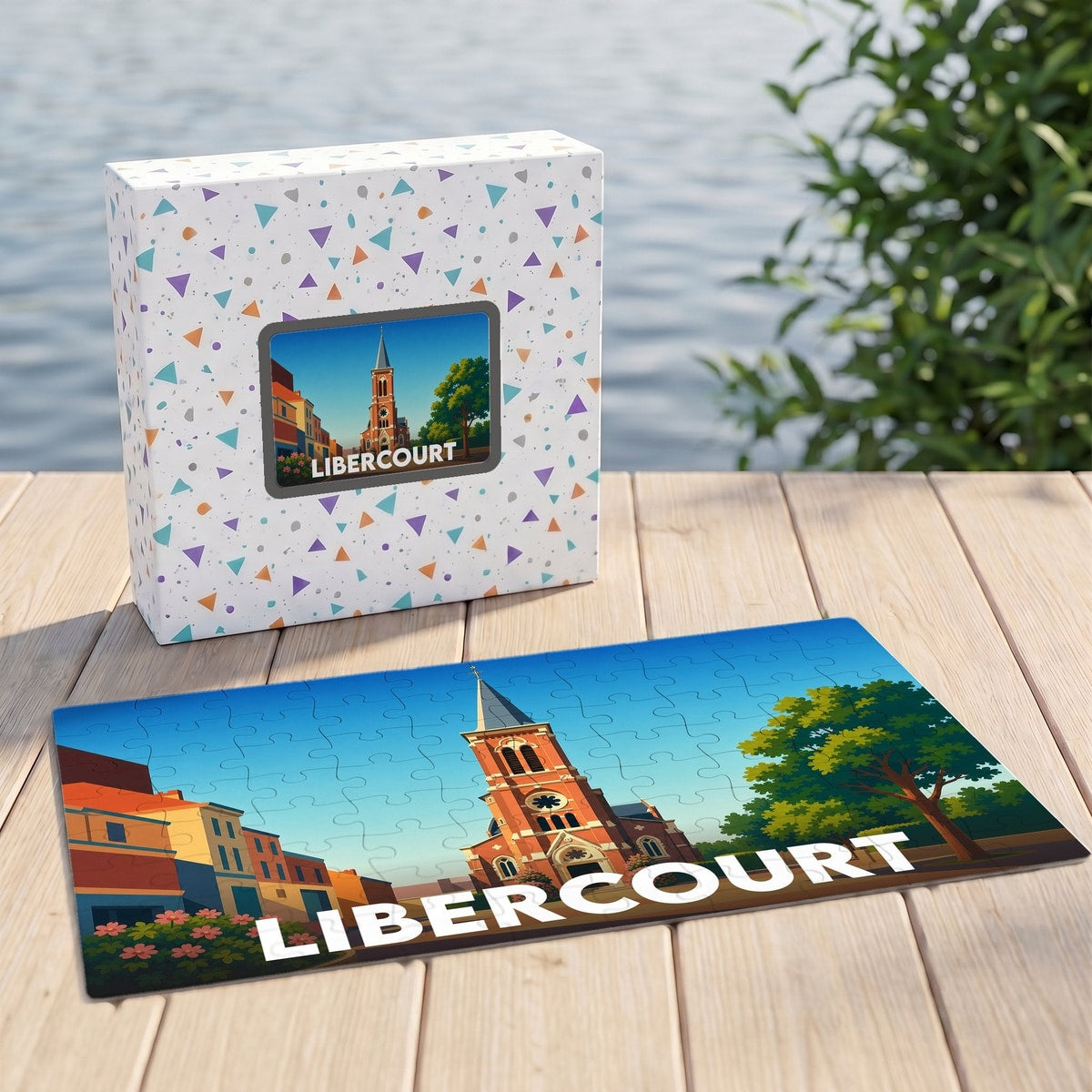Puzzle souvenir de la ville de Libercourt avec une illustration stylisée d'une église et de son clocher.