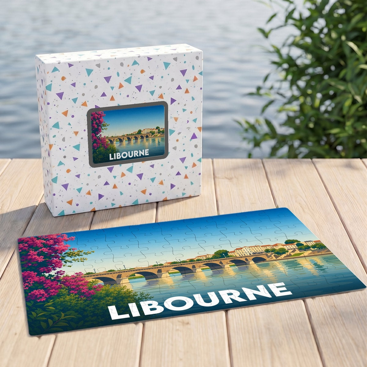 Puzzle souvenir de la ville de Libourne avec une illustration stylisée de son pont emblématique.