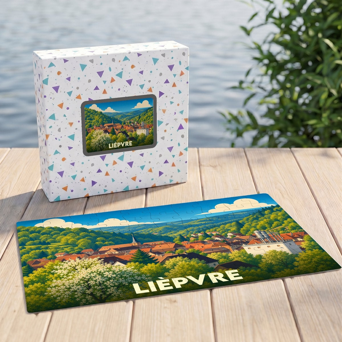 Puzzle souvenir de la ville de Lièpvre illustrant un paysage de village verdoyant.