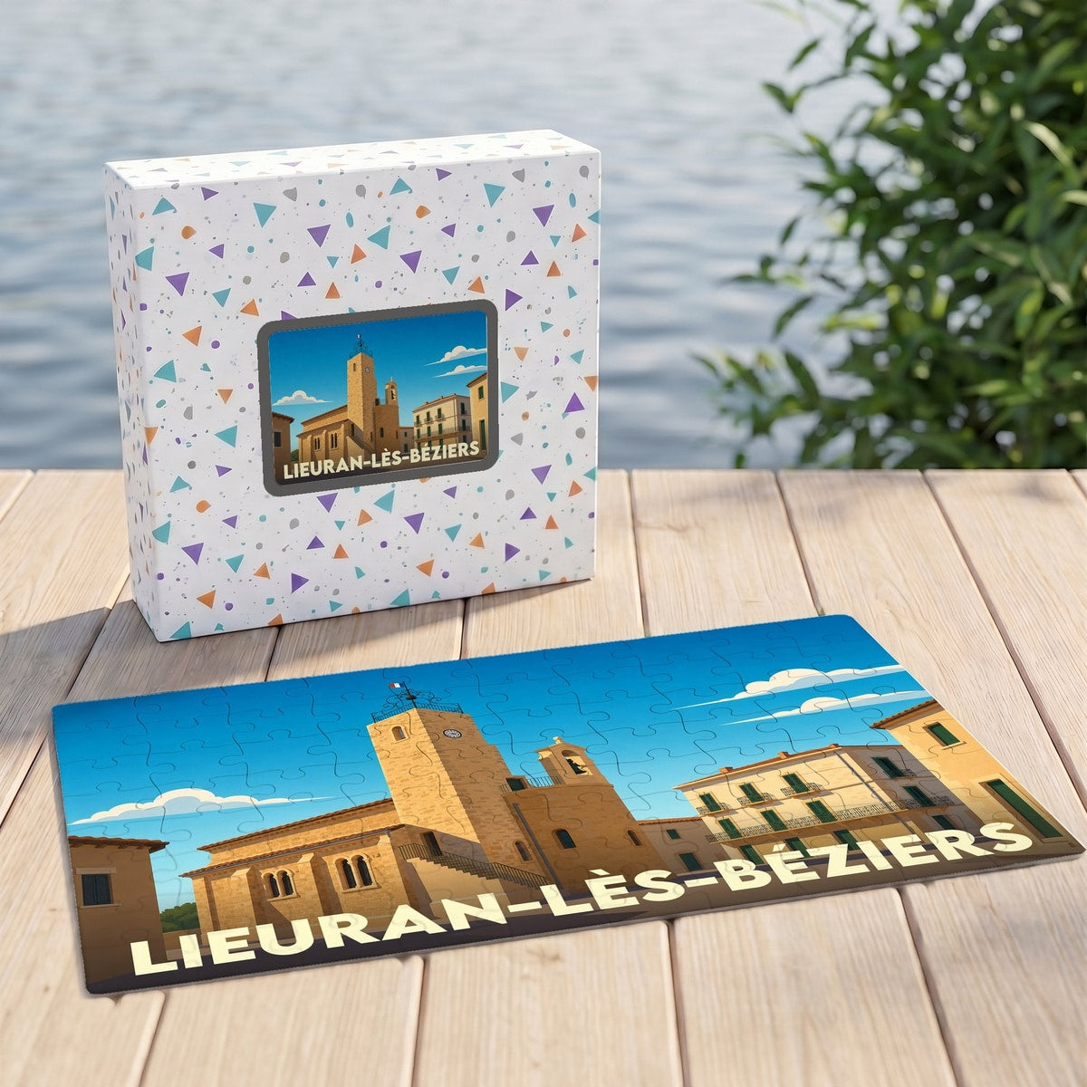 Puzzle souvenir de la ville de Lieuran-lès-Béziers avec une illustration stylisée.