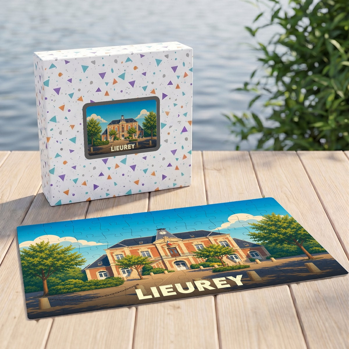 Puzzle souvenir de la ville de Lieurey avec une illustration stylisée de son hôtel de ville.