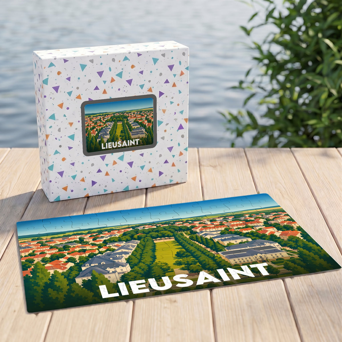 Puzzle souvenir de la ville de Lieusaint avec une illustration stylisée et colorée.