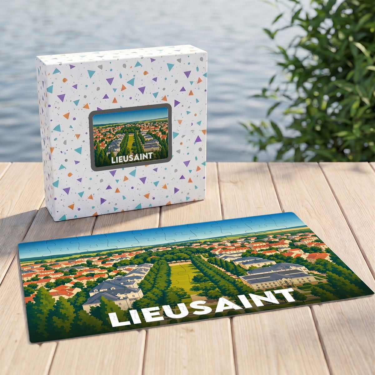 Puzzle souvenir de la ville de Lieusaint avec une illustration stylisée et colorée.