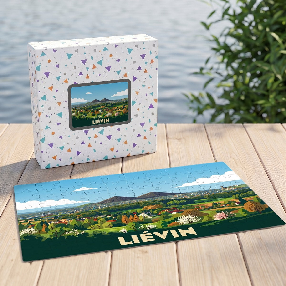 Puzzle souvenir de la ville de Liévin avec une illustration panoramique stylisée.