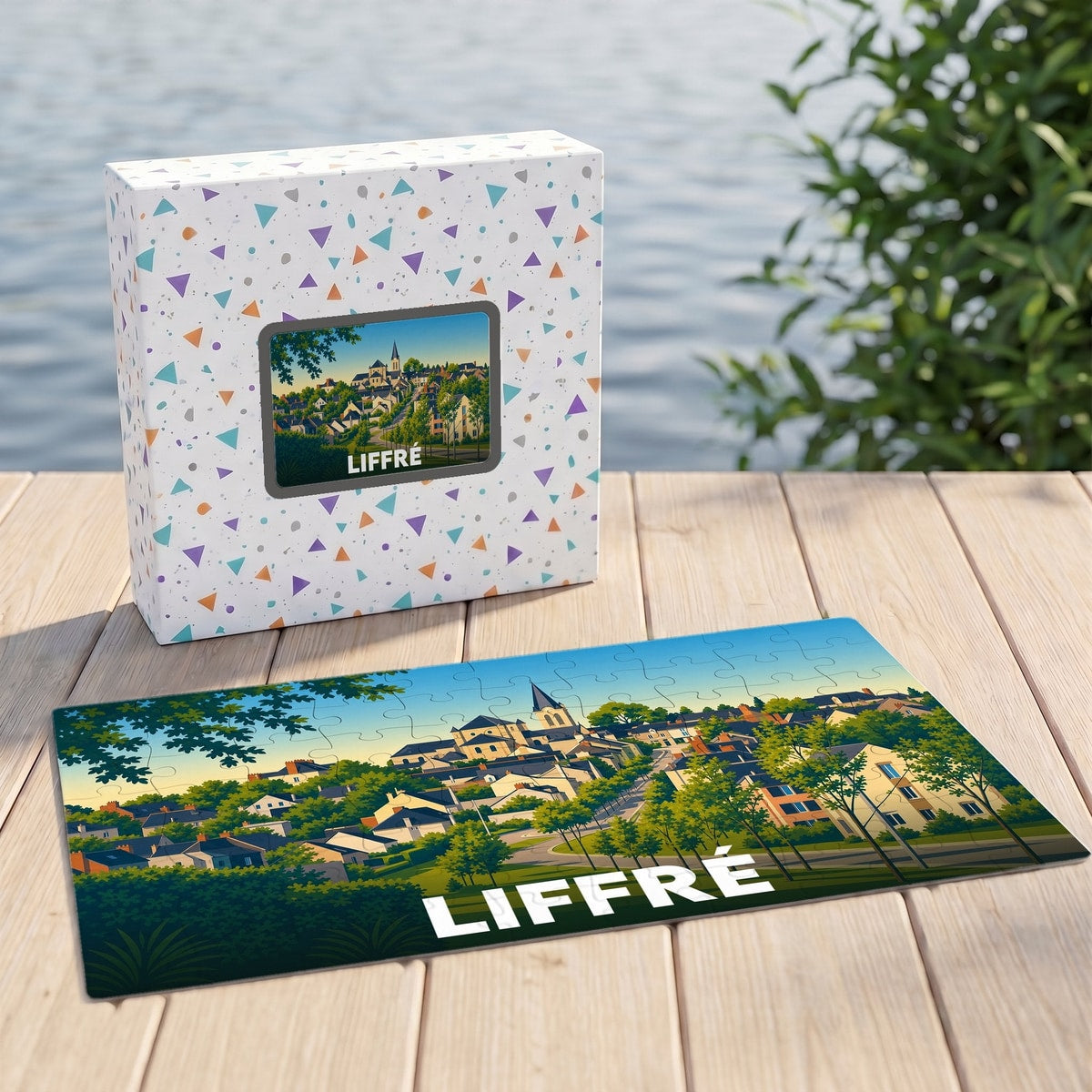 Puzzle souvenir de la ville de Liffré avec une illustration stylisée et colorée.