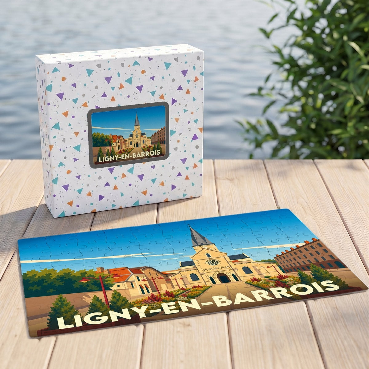 Puzzle souvenir de la ville de Ligny-en-Barrois avec une illustration stylisée de son église et de sa place.