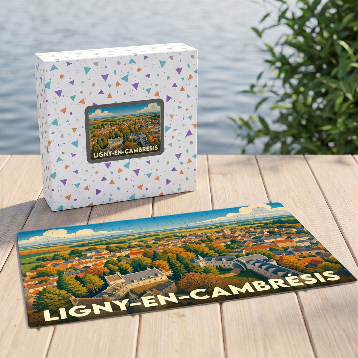 Puzzle souvenir de la ville de Ligny-en-Cambrésis avec une illustration paysagère colorée et stylisée.