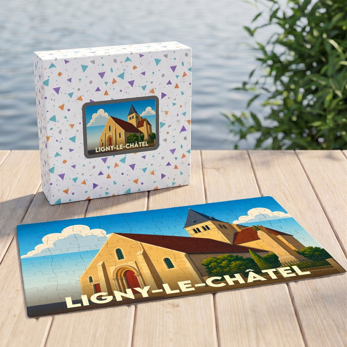 Puzzle souvenir de la ville de Ligny-le-Châtel avec une illustration stylisée de son église.