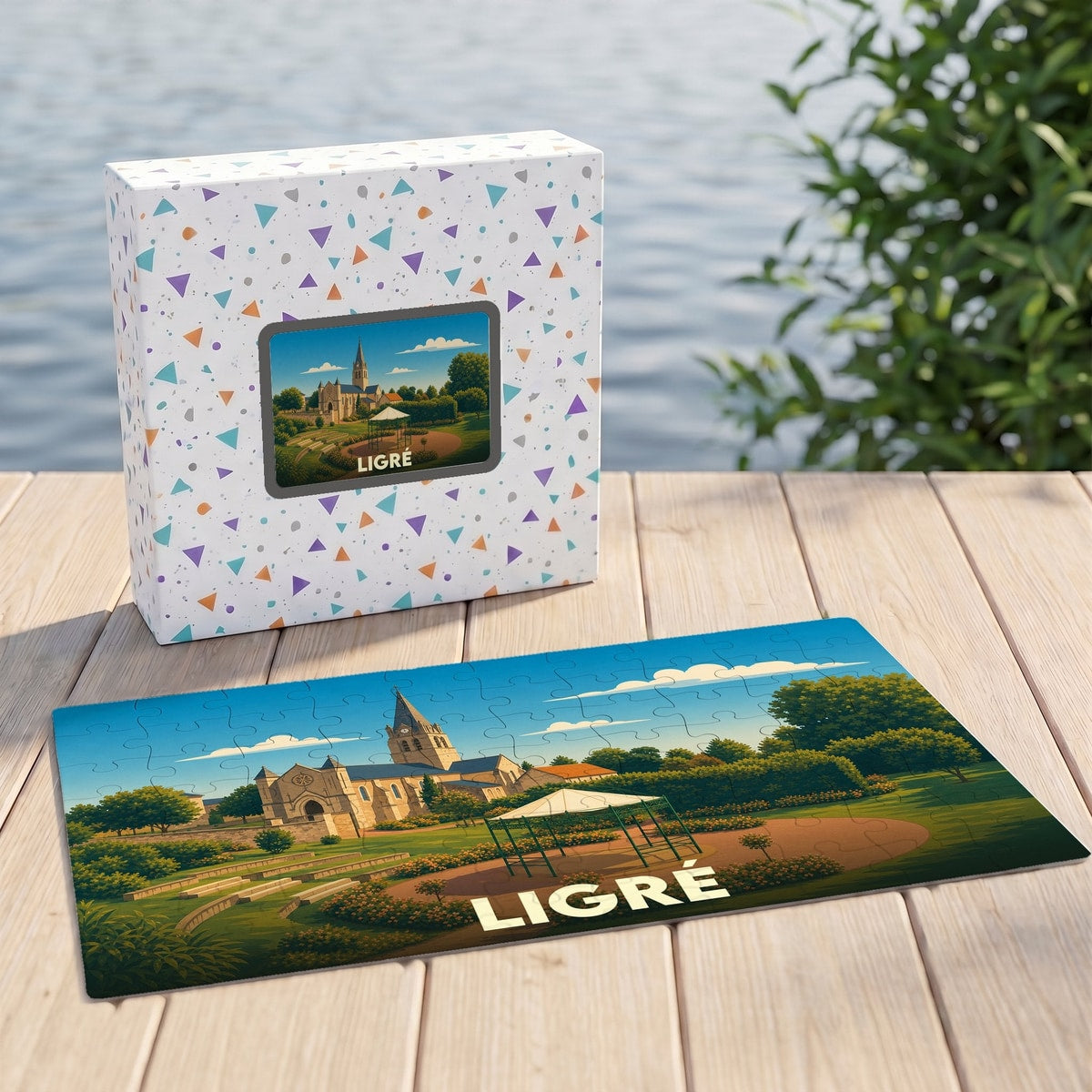 Puzzle souvenir de la ville de Ligré représentant une vue illustrée de son église et de son parc.
