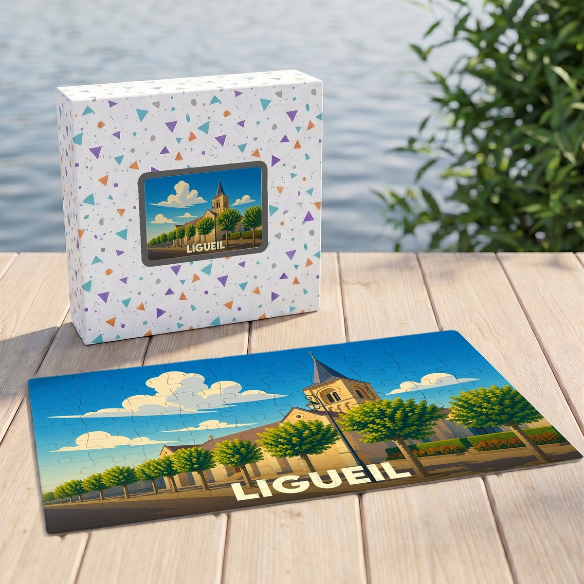 Puzzle souvenir de la ville de Ligueil avec une illustration stylisée.