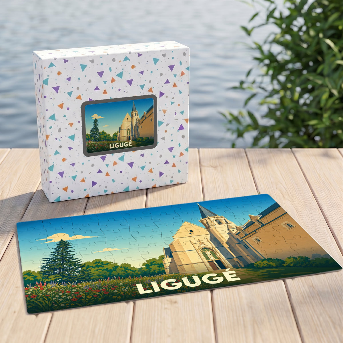 Puzzle souvenir de la ville de Ligugé avec une illustration stylisée de son abbaye et de son paysage.
