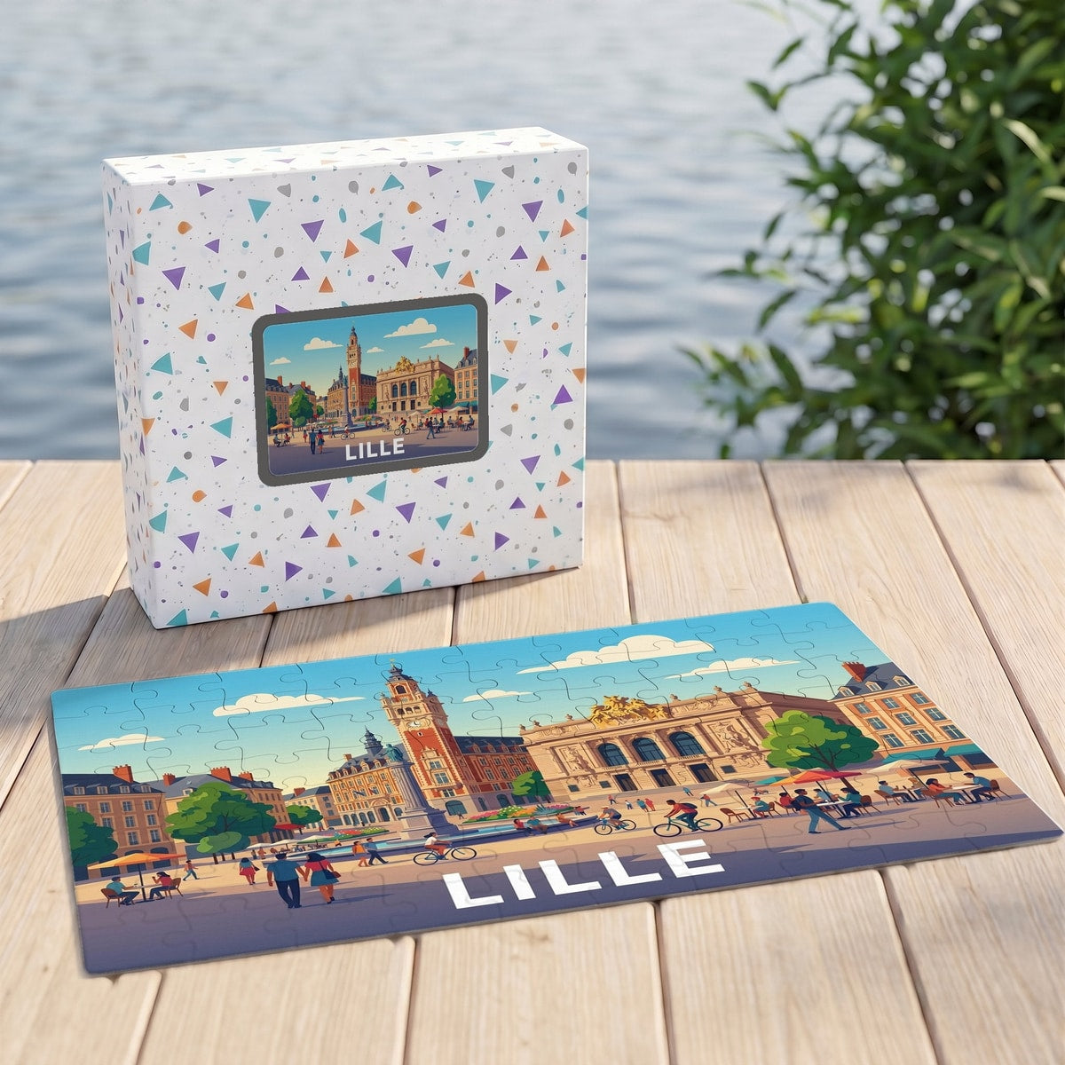 Puzzle souvenir de la ville de Lille avec une illustration colorée et stylisée de ses monuments emblématiques.