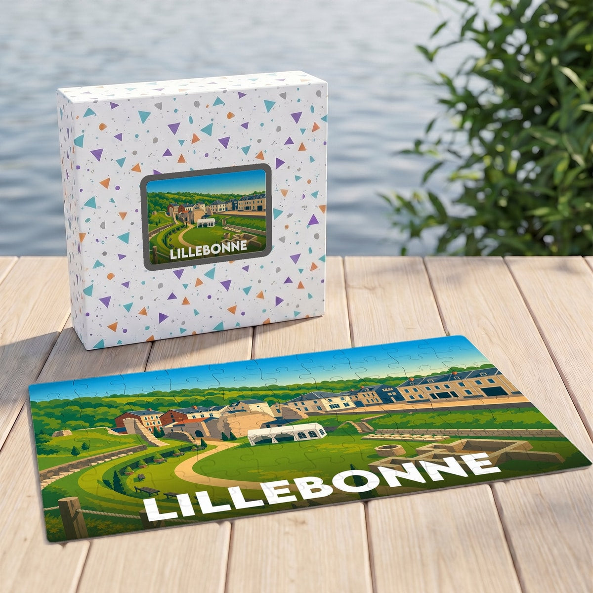 Puzzle souvenir de la ville de Lillebonne avec une illustration stylisée de ses vestiges romains.