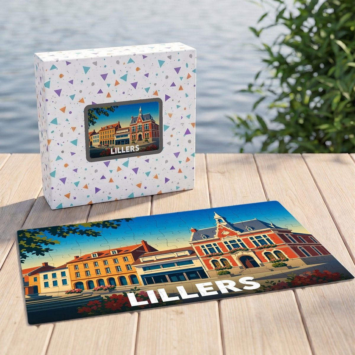 Puzzle souvenir de la ville de Lillers illustrant ses bâtiments emblématiques dans un style coloré.
