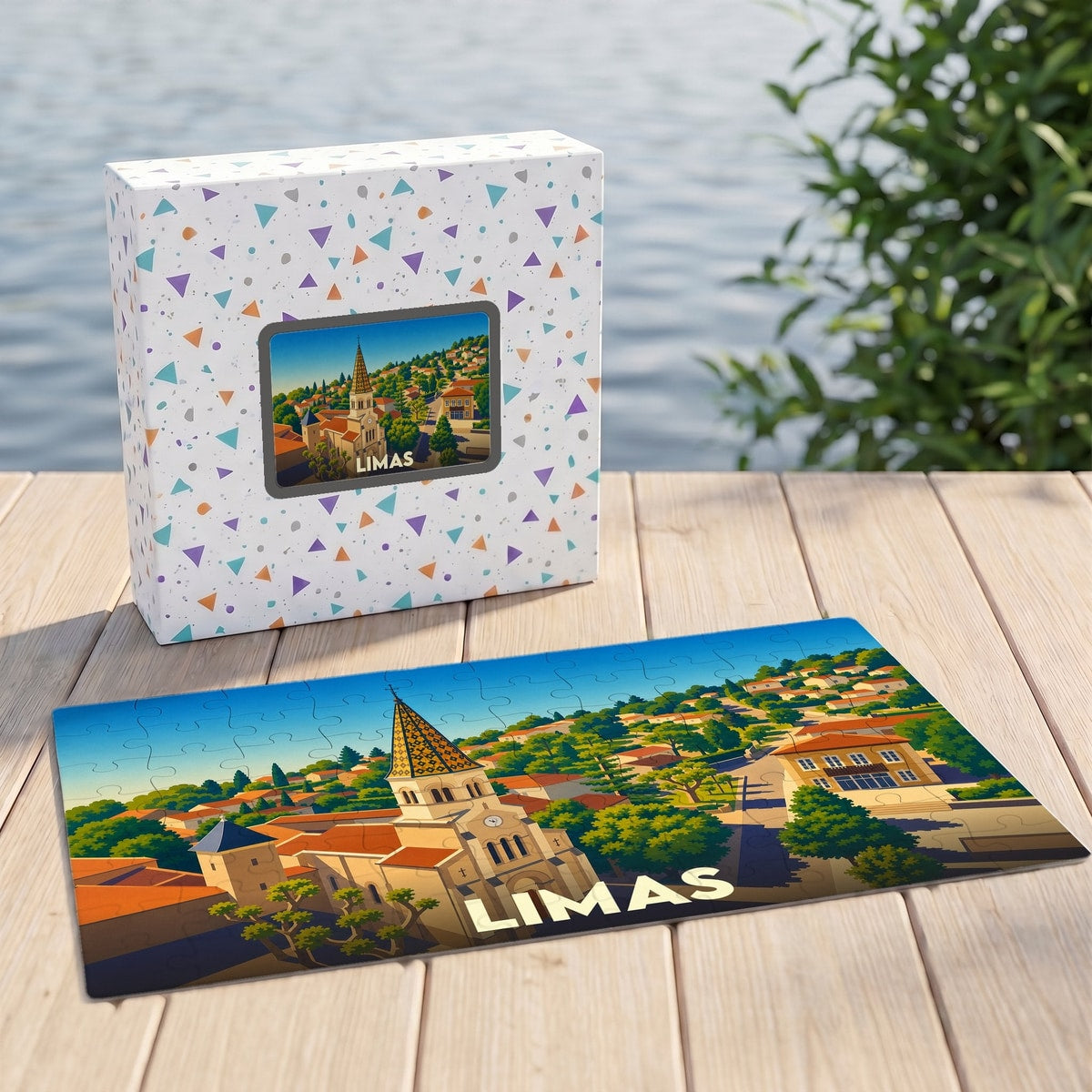 Puzzle souvenir de la ville de Limas avec une illustration stylisée de son église et de ses paysages.