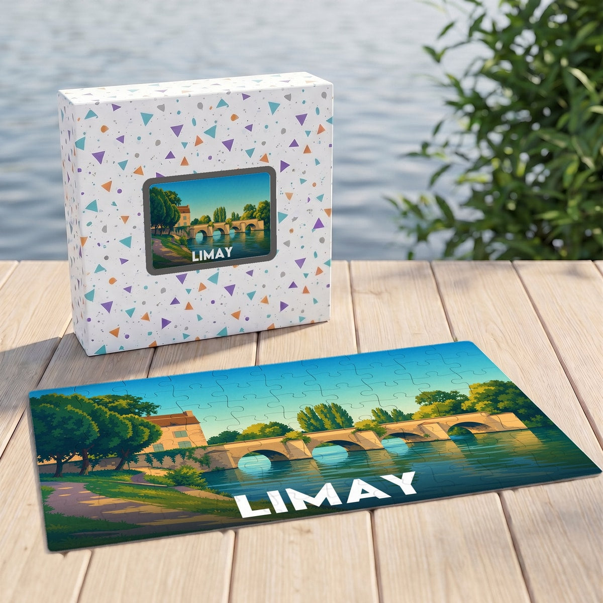 Puzzle souvenir de la ville de Limay avec une illustration stylisée de son vieux pont sur l'eau.