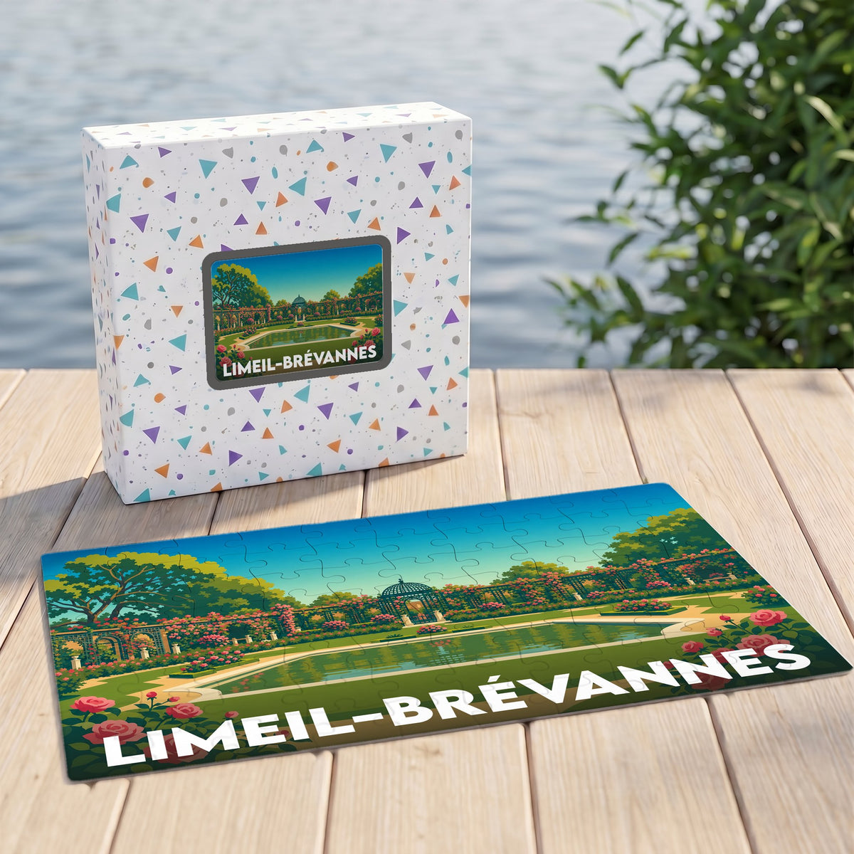 Puzzle souvenir de la ville de Limeil-Brévannes avec une illustration stylisée d'un parc fleuri.