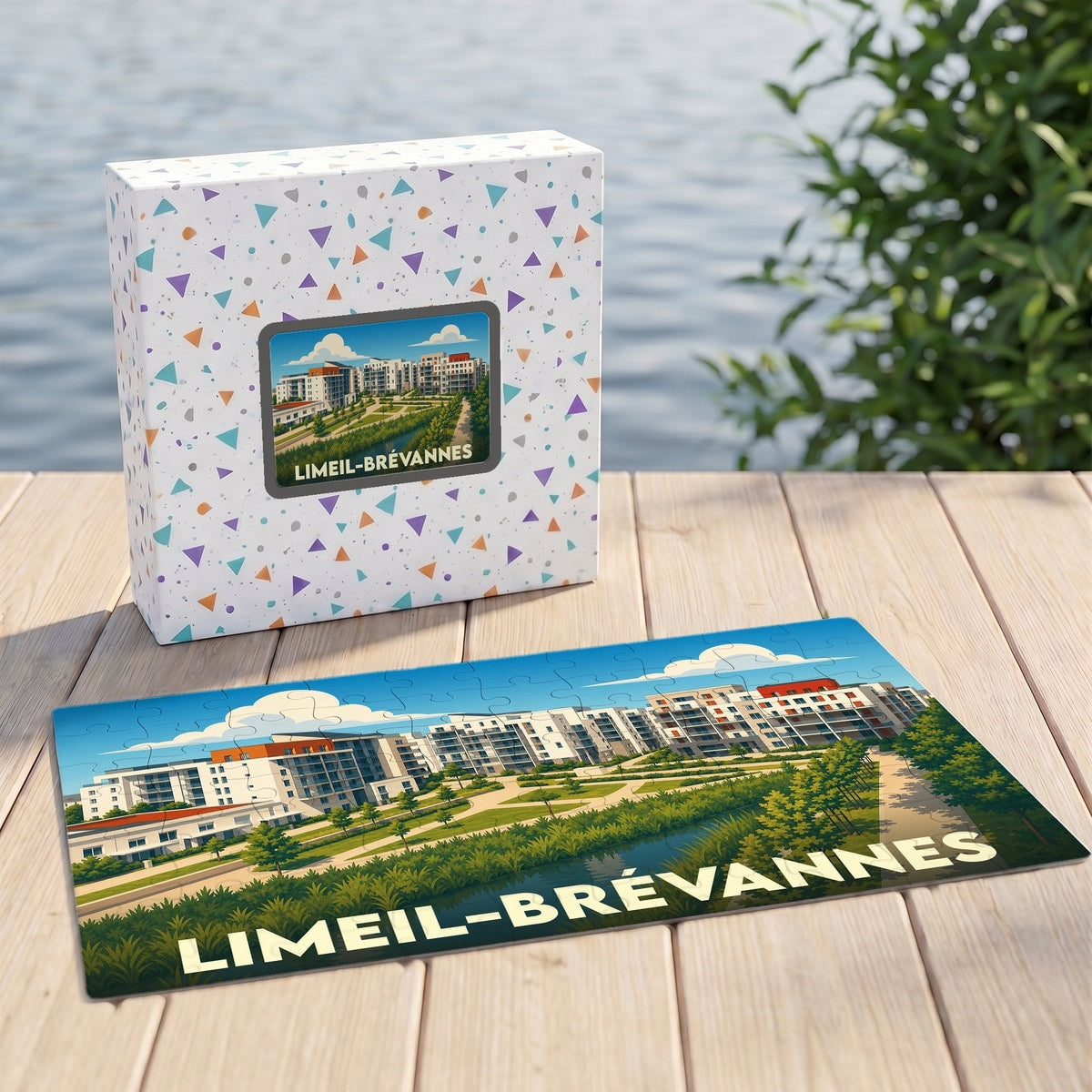 Puzzle souvenir de la ville de Limeil-Brévannes avec une illustration stylisée et colorée de son paysage urbain.