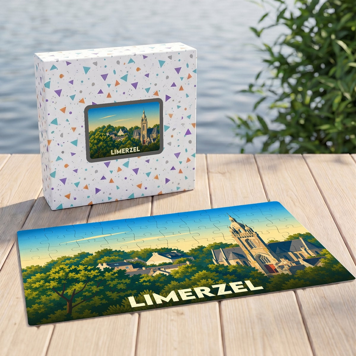 Puzzle souvenir de la ville de Limerzel avec une illustration stylisée de son église et de son paysage verdoyant.