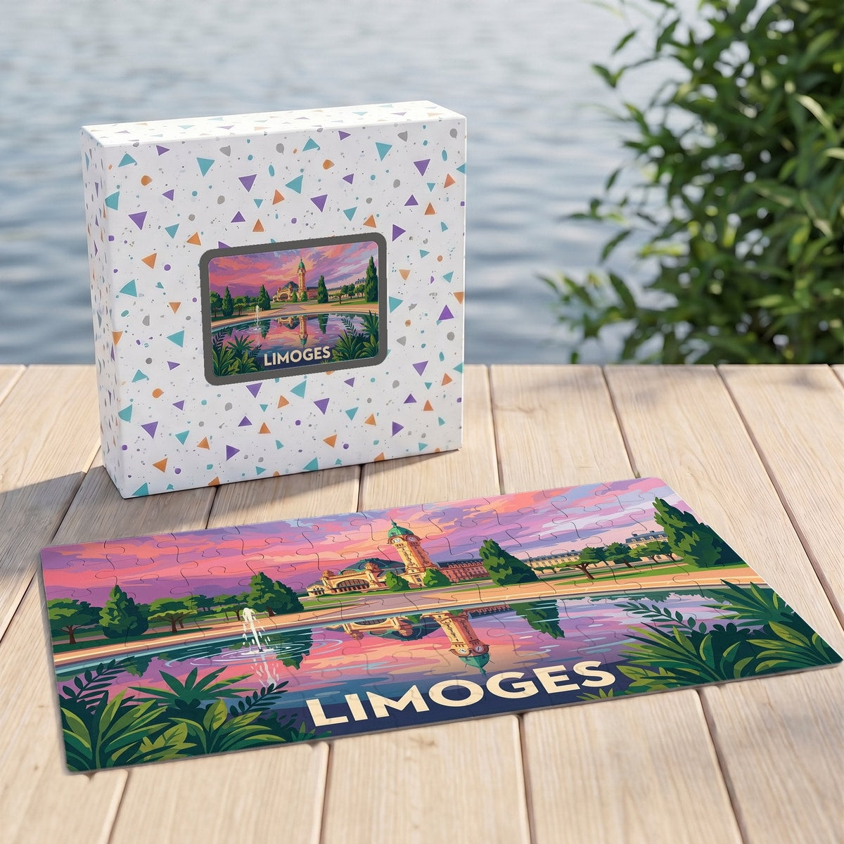 Puzzle souvenir de la ville de Limoges avec une illustration stylisée de sa gare au coucher du soleil.