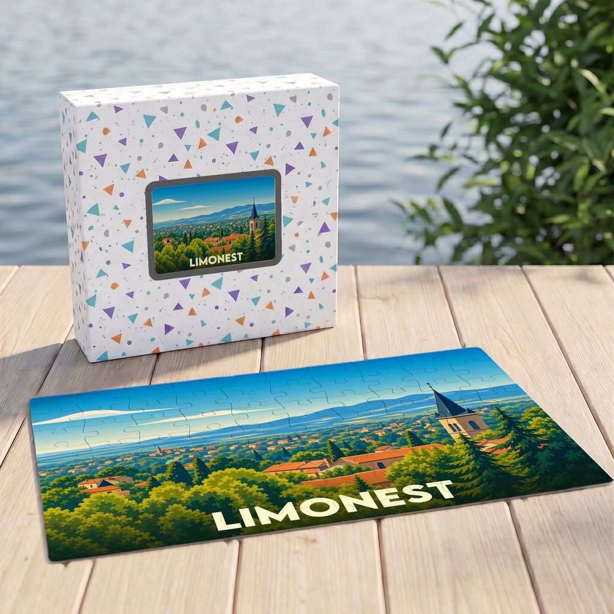 Puzzle souvenir de la ville de Limonest avec une illustration panoramique stylisée.