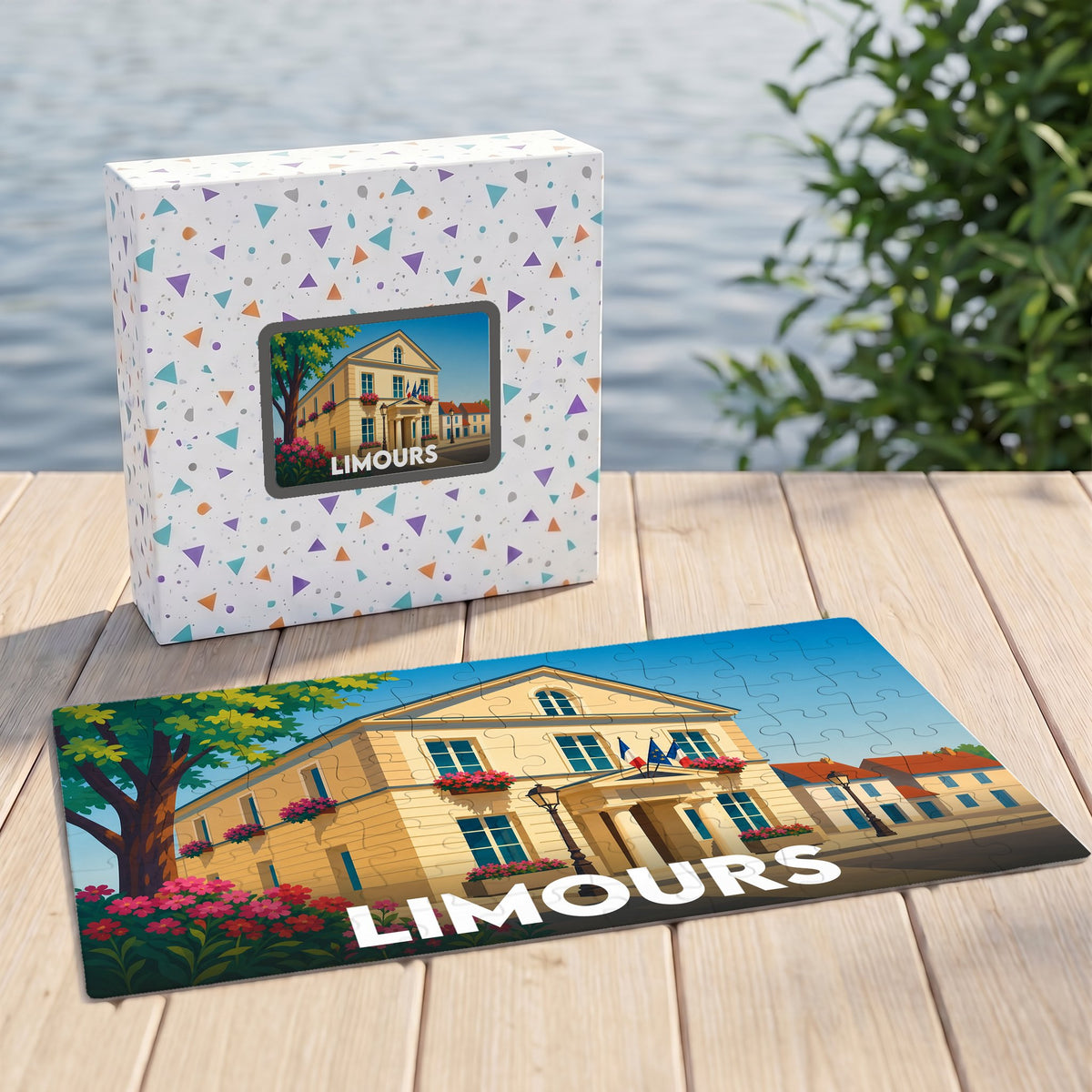 Puzzle souvenir de la ville de Limours accompagné de sa boîte, présentant une illustration colorée de l'hôtel de ville.