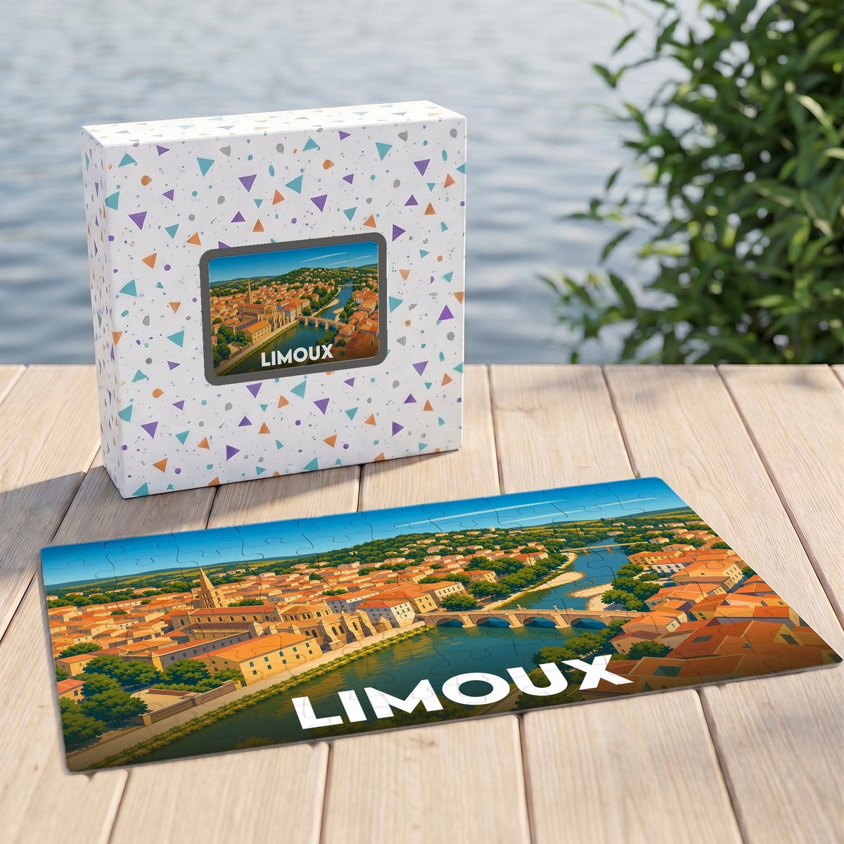 Puzzle souvenir de la ville de Limoux avec une illustration stylisée et colorée.