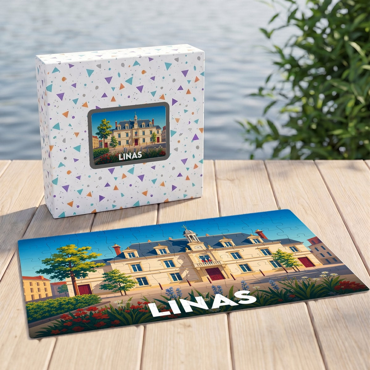 Puzzle souvenir de la ville de Linas présentant une illustration stylisée de son hôtel de ville.
