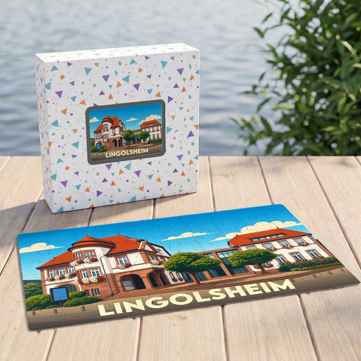 Puzzle souvenir de la ville de Lingolsheim avec une illustration stylisée de son architecture.