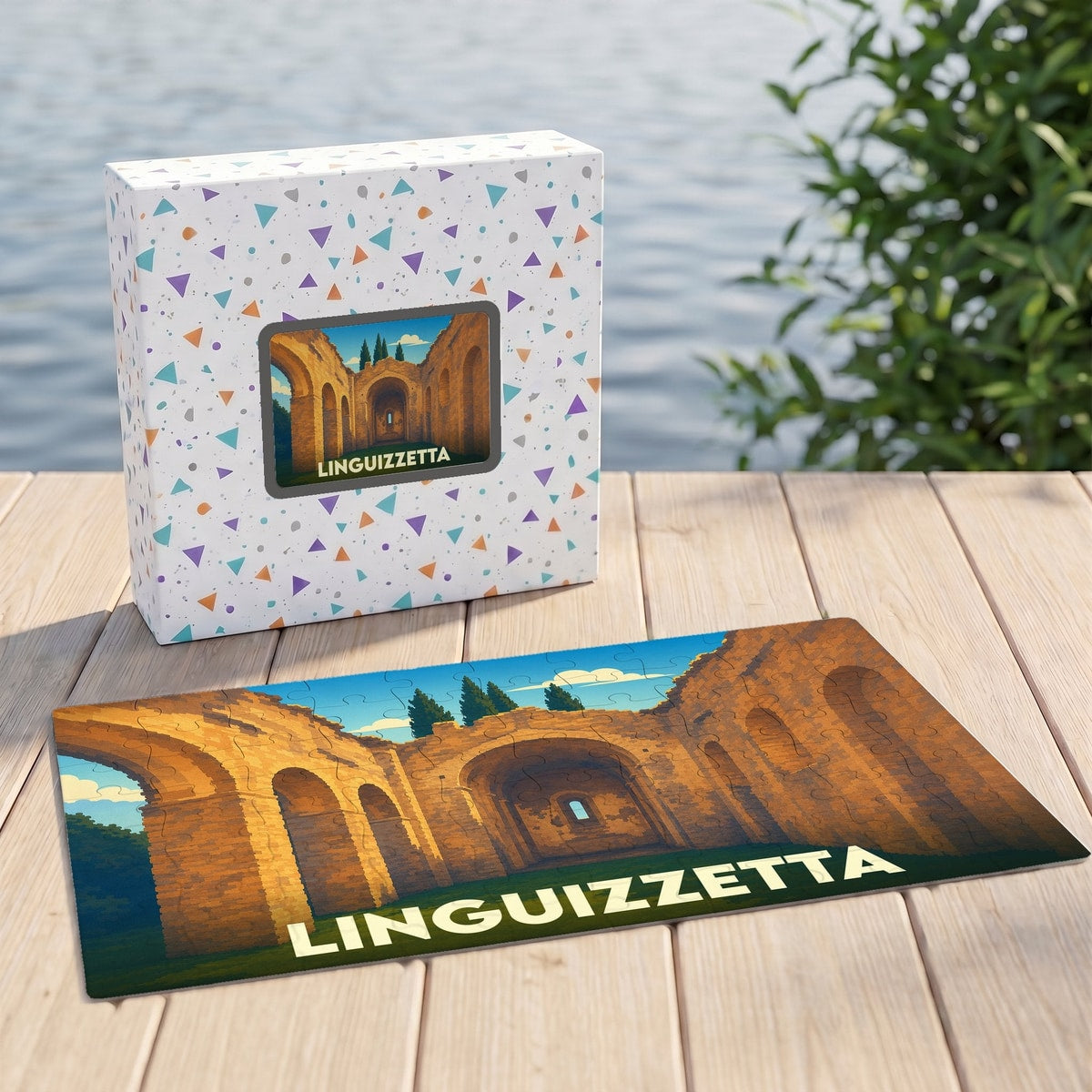Puzzle souvenir de la ville de Linguizzetta avec une illustration stylisée d'anciennes arches en pierre.
