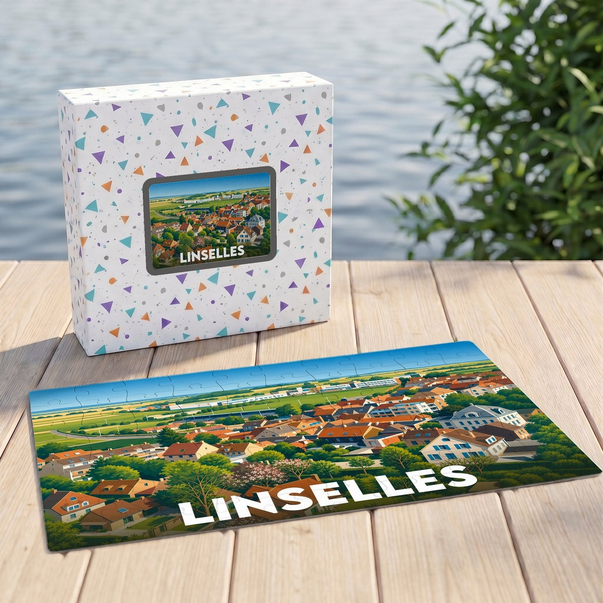 Puzzle souvenir de la ville de Linselles illustré d'un panorama urbain coloré.