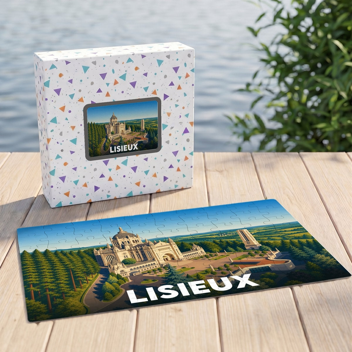 Puzzle souvenir de la ville de Lisieux représentant la basilique avec une illustration stylisée.