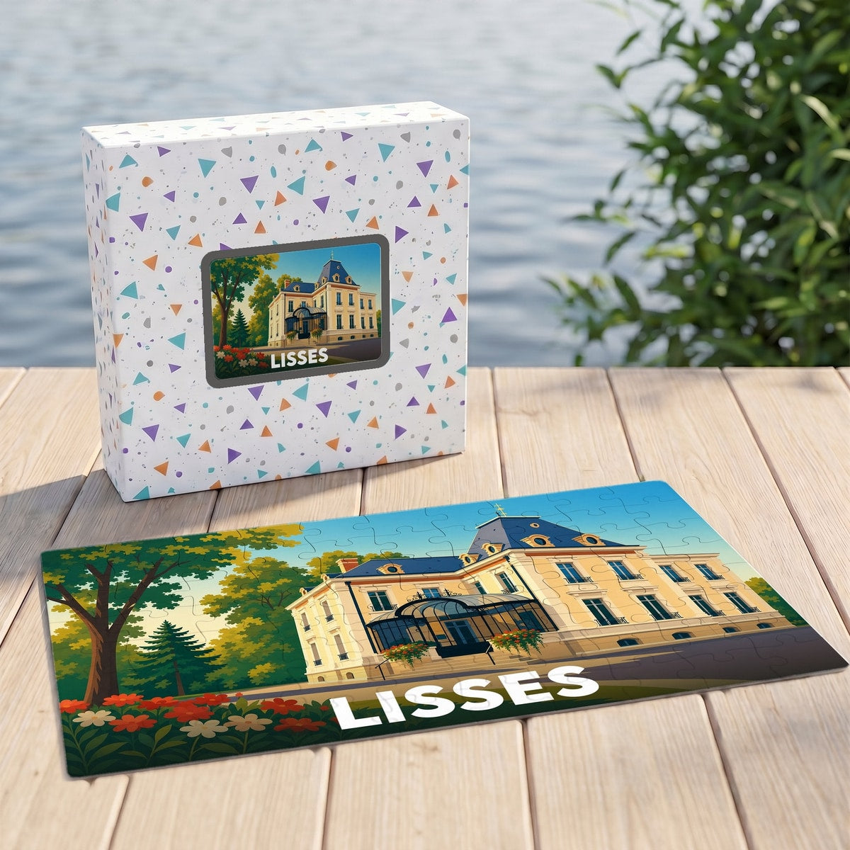Puzzle souvenir de la ville de Lisses avec une illustration stylisée de son patrimoine architectural.