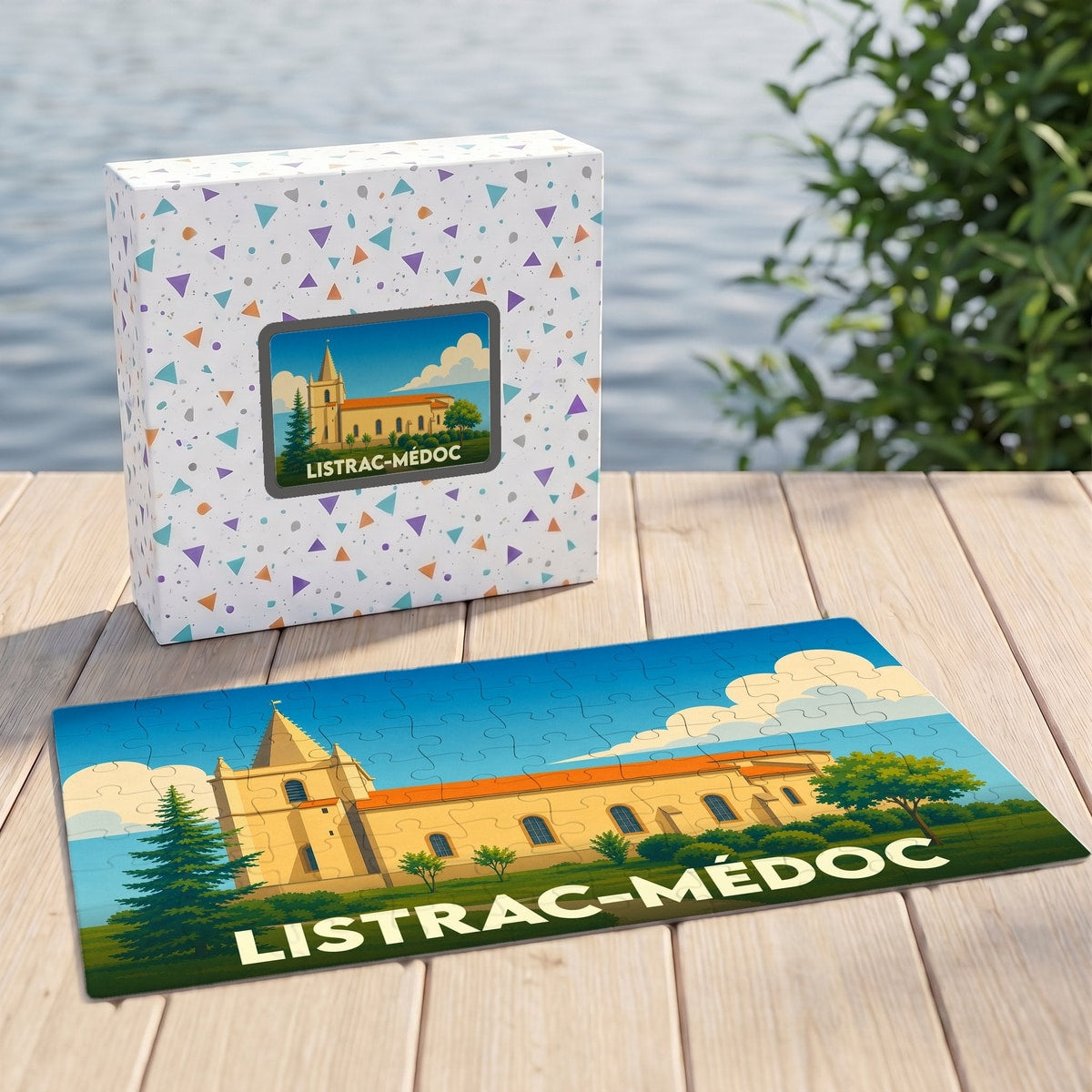 Puzzle souvenir de la ville de Listrac-Médoc avec une illustration stylisée de son église.