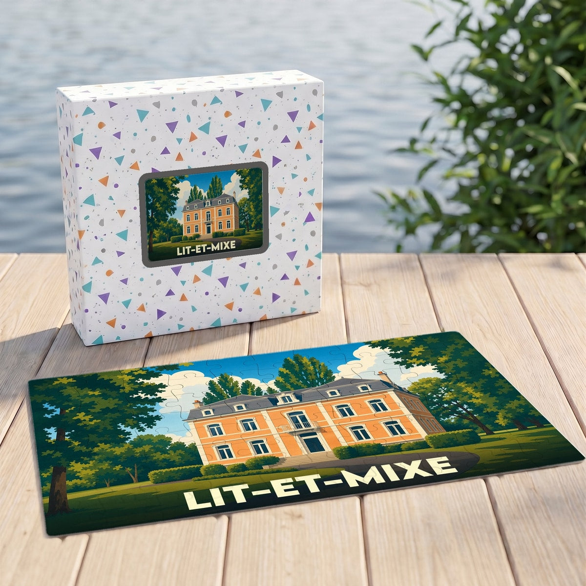 Puzzle souvenir de la ville de Lit-et-Mixe présentant une illustration colorée d'une grande demeure de style classique.