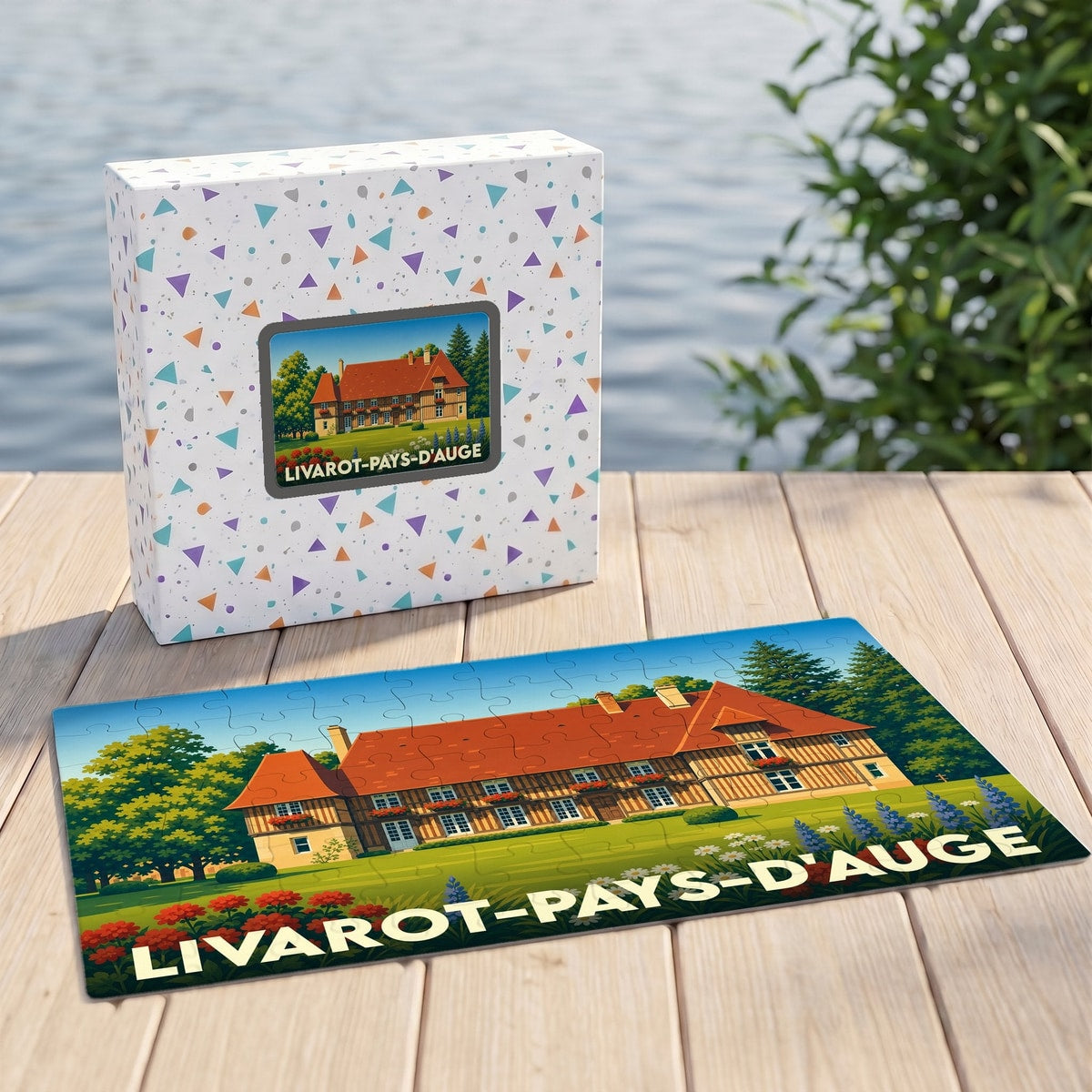 Puzzle souvenir de la ville de Livarot-Pays-d'Auge illustré par un manoir normand traditionnel.
