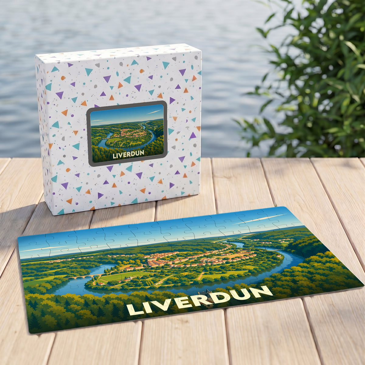 Puzzle souvenir de la ville de Liverdun avec une illustration stylisée d'un méandre de la Moselle.