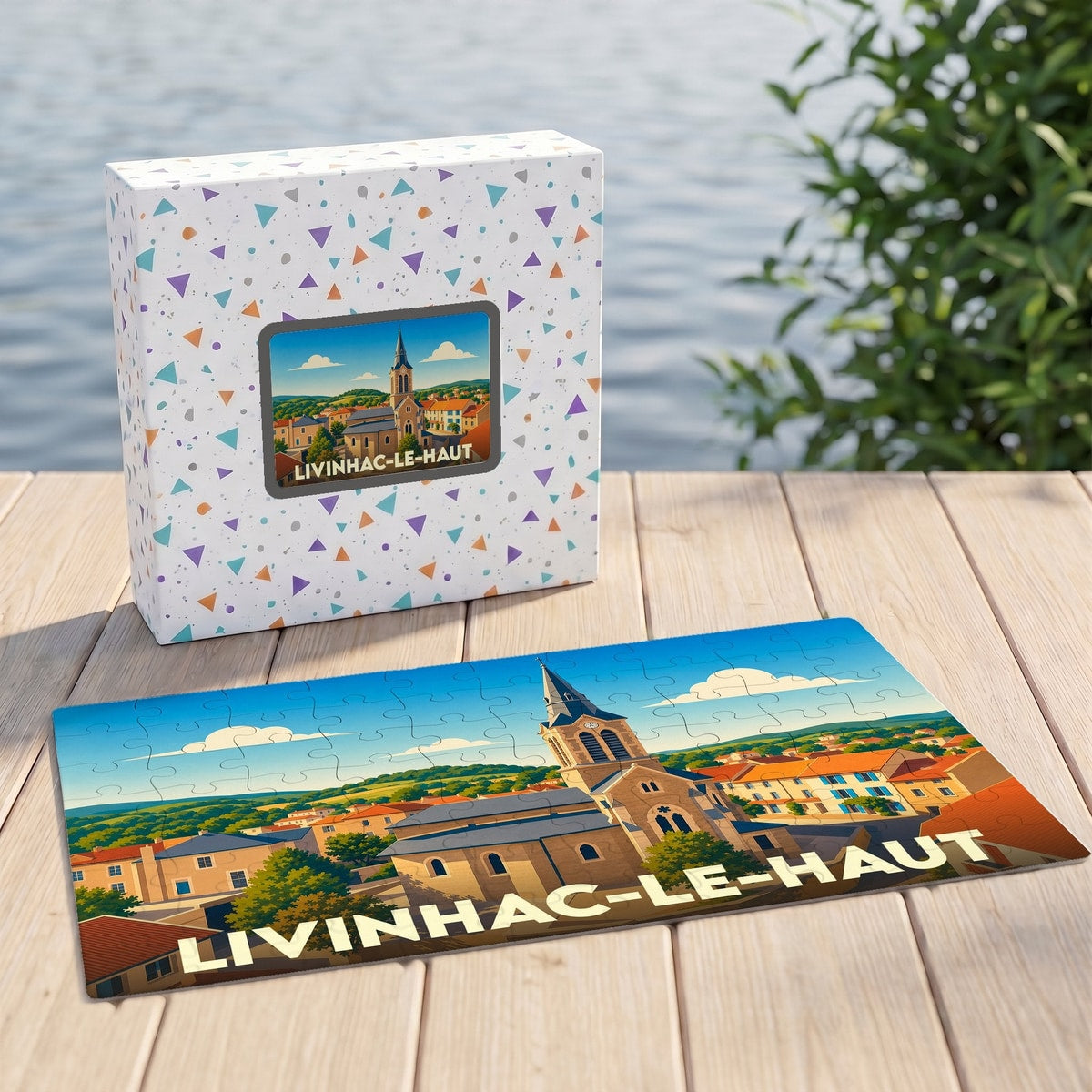 Puzzle souvenir de la ville de Livinhac-le-Haut avec une illustration stylisée.