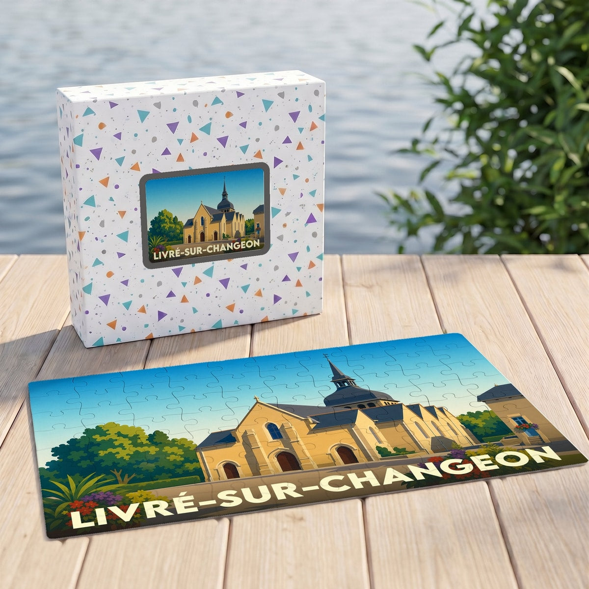 Puzzle souvenir de la ville de Livré-sur-Changeon avec son église illustrée dans un style rétro.