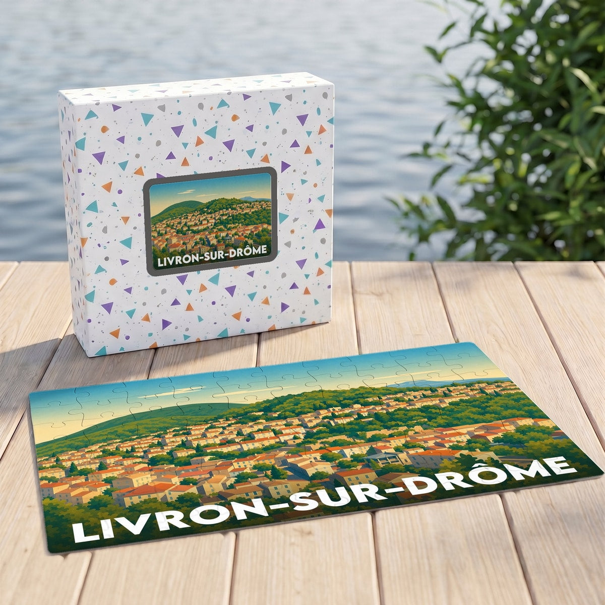Puzzle souvenir de la ville de Livron-sur-Drôme avec une illustration panoramique colorée.