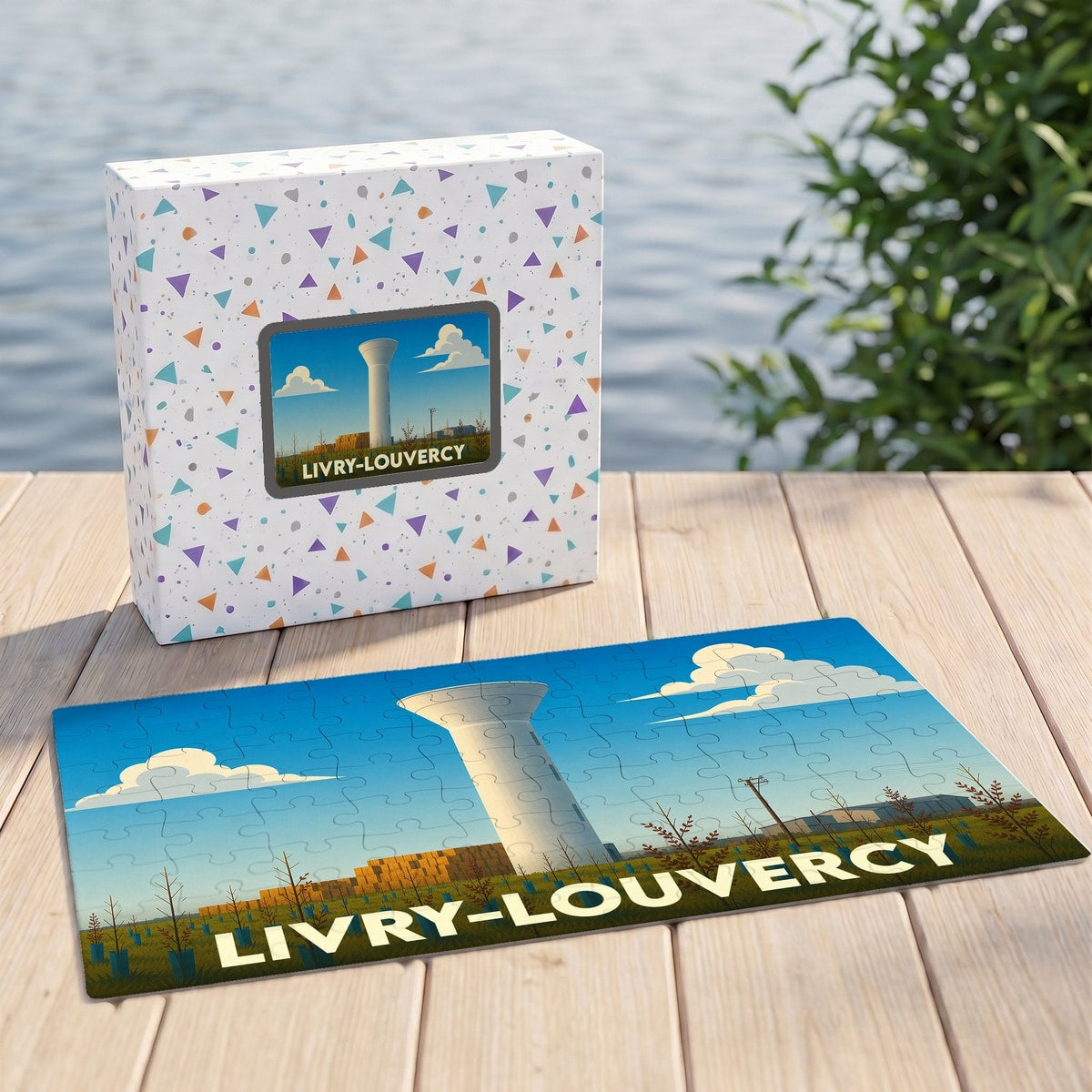 Puzzle souvenir de la ville de Livry-Louvercy illustré d'un paysage graphique avec son château d'eau.