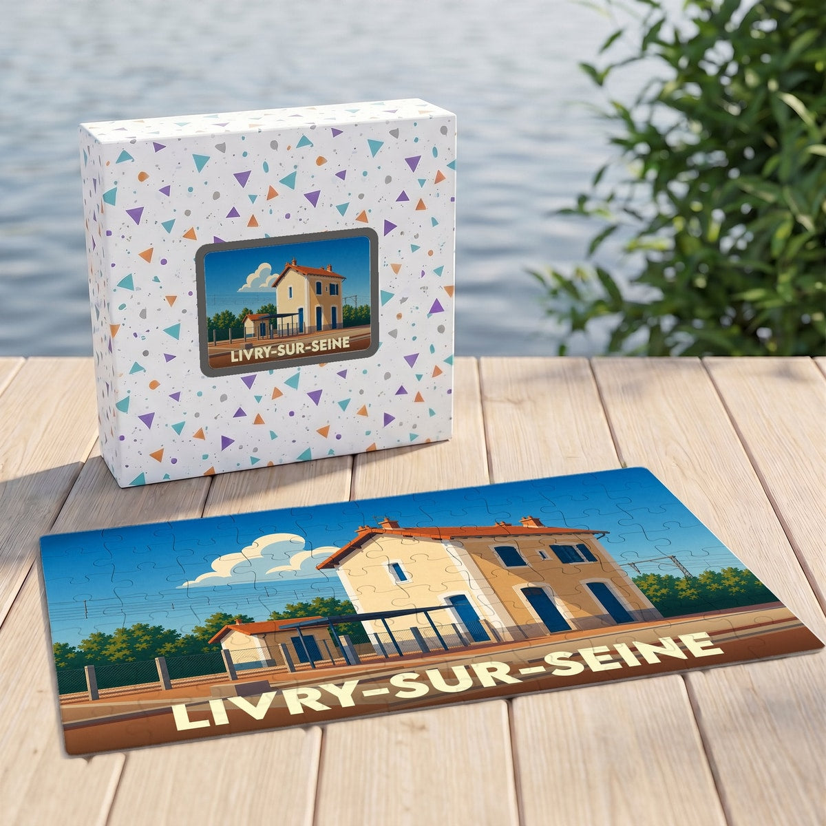 Puzzle souvenir de la ville de Livry-sur-Seine avec une illustration stylisée de sa gare.