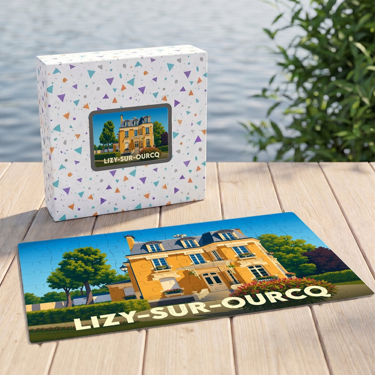 Puzzle souvenir de la ville de Lizy-sur-Ourcq avec une illustration stylisée d'une demeure bourgeoise.