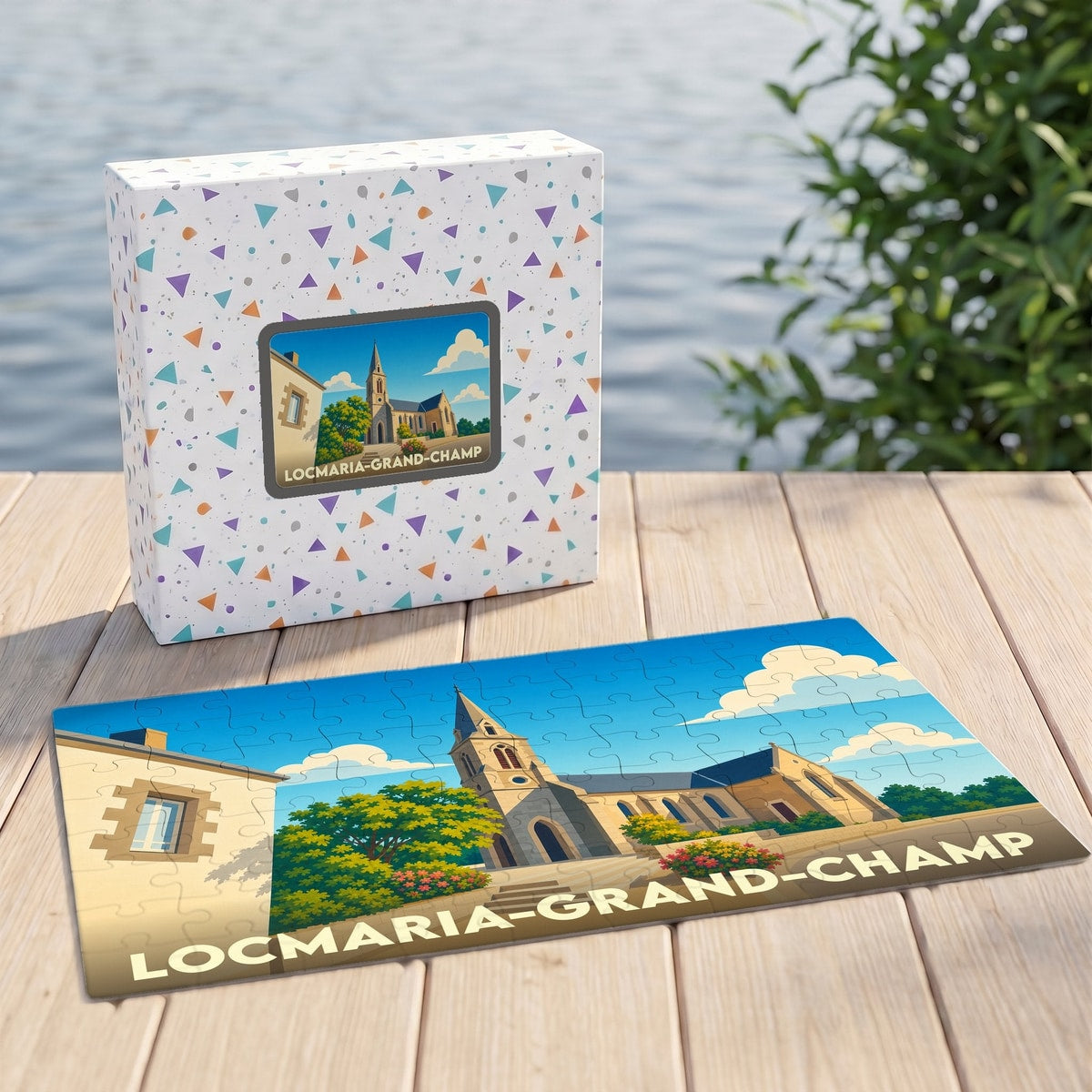 Puzzle souvenir de la ville de Locmaria-Grand-Champ avec une illustration stylisée de son église.