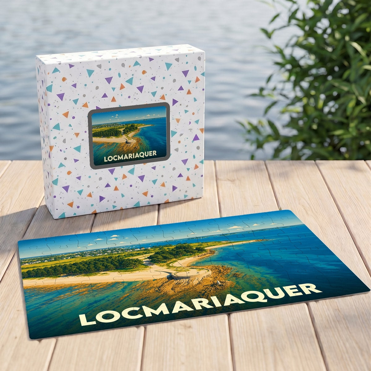 Puzzle souvenir de la ville de Locmariaquer avec une illustration côtière stylisée.