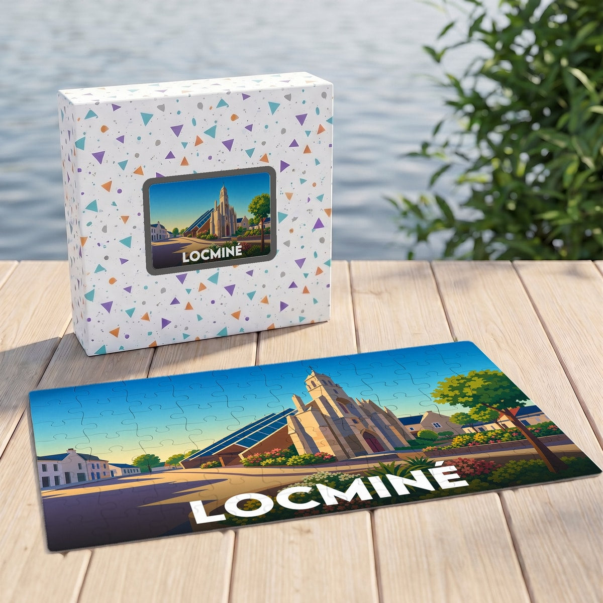 Puzzle souvenir de la ville de Locminé avec une illustration stylisée de son église et de ses environs.