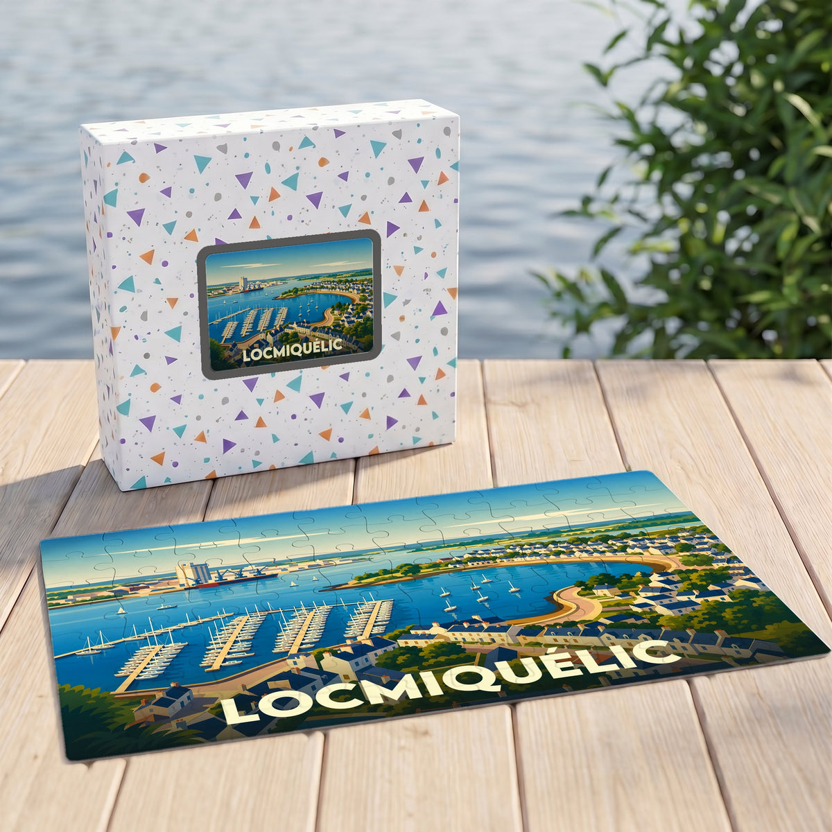 Puzzle souvenir de la ville de Locmiquélic avec une illustration stylisée d'un port de plaisance.