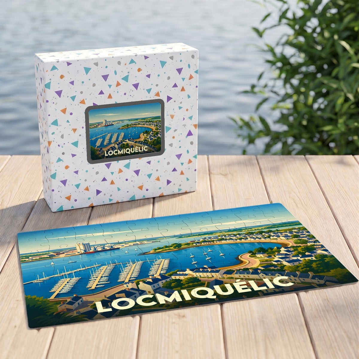 Puzzle souvenir de la ville de Locmiquélic avec une illustration stylisée d'un port de plaisance.