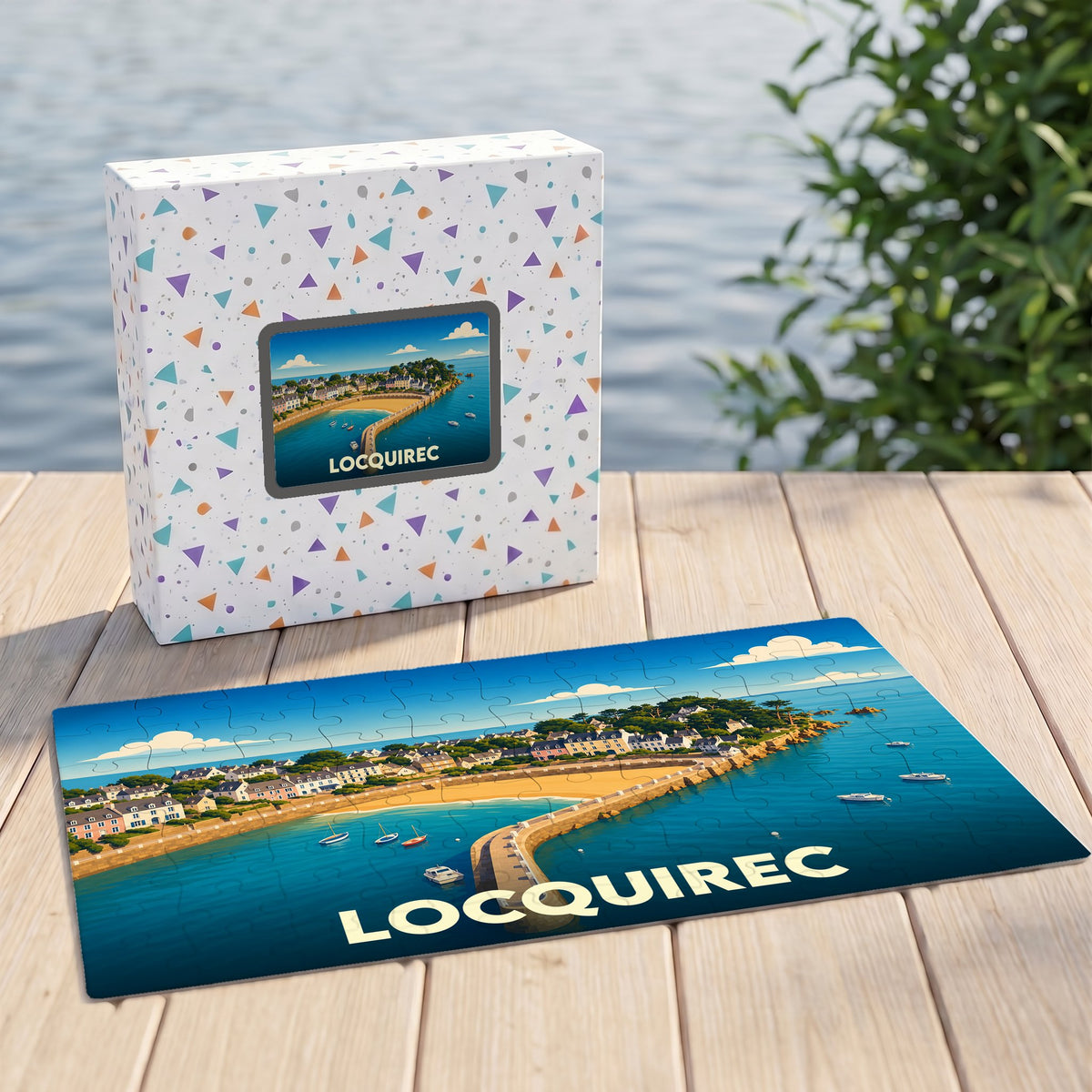 Puzzle souvenir de la ville de Locquirec avec une illustration stylisée d'un port côtier.