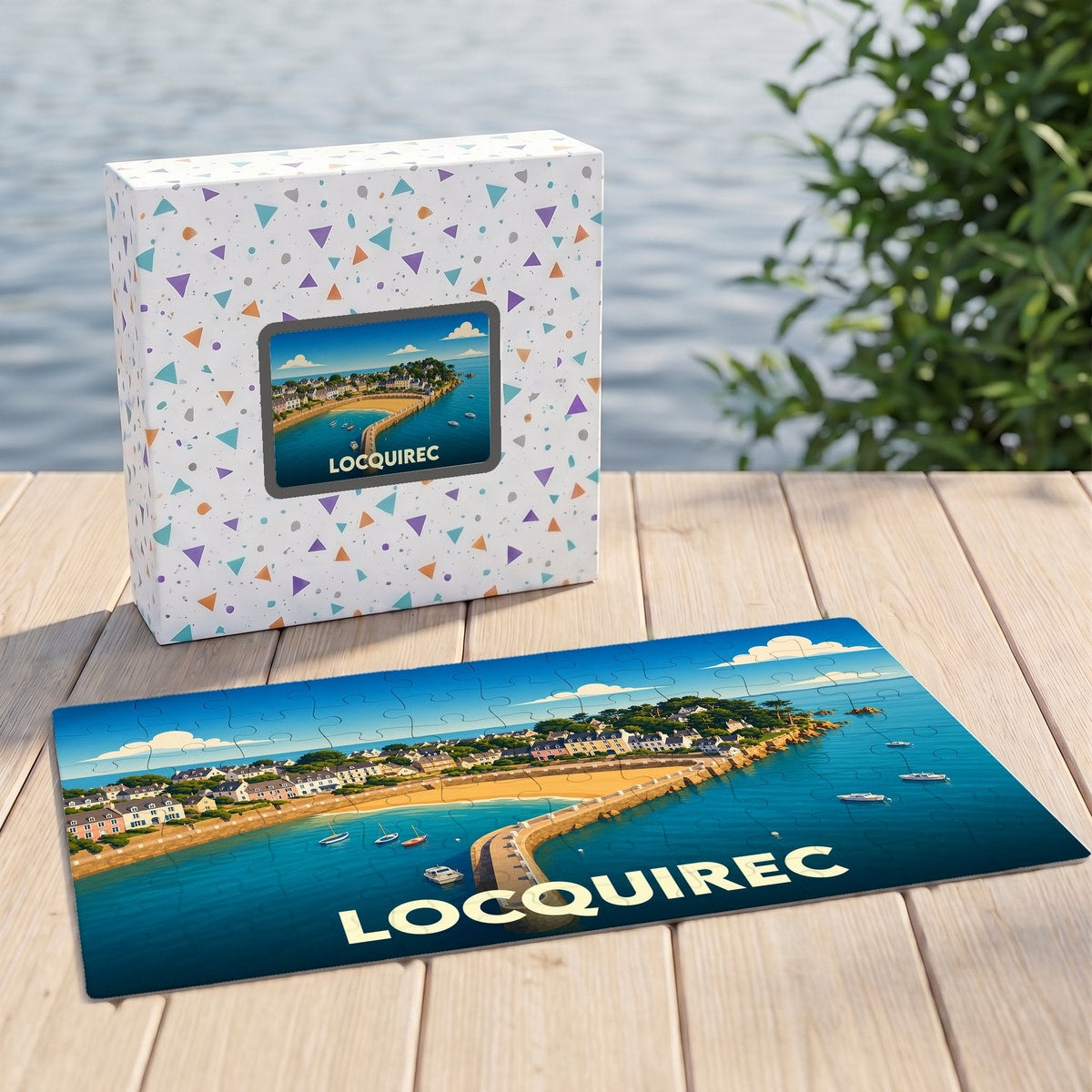 Puzzle souvenir de la ville de Locquirec avec une illustration stylisée d'un port côtier.